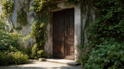 Fototapeta premium Ancient wooden door with overgrown green ivy on a stone wall. Secret garden entrance or mysterious fairytale concept. Old antique architecture.