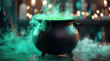 Black cast iron cauldron with green glowing potion emitting smoke. Spooky Halloween magic and mystery concept for holiday decoration and party invites.