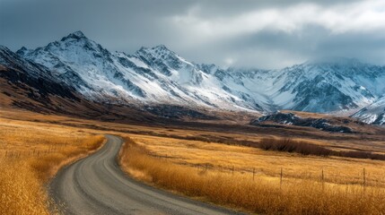 Dirt road winding through golden grassland with snow capped mountain range in the background under a cloudy sky. Nature landscape for travel and adventure.