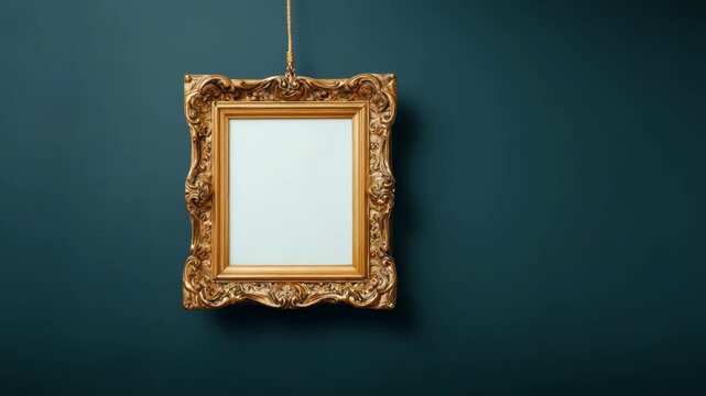 Decorative empty golden frame with intricate design hanging on dark green wall background, symbolizing classic art and vintage aesthetics