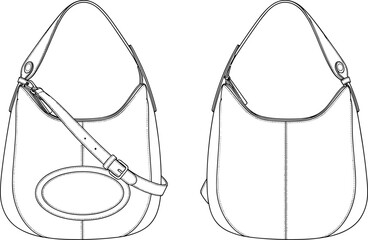 Women's stylish fashion accessory hobo bag flat technical drawing vector illustration, front and back view, adjustable shoulder strap, detailed stitching, CAD template.