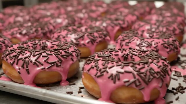 Seamless loop tracking sideways along the detailed texture of row after row of vibrant pink glazed donuts dusted heavily with chocolate sprinkles on a metallic pan vibrant color, freshly baked