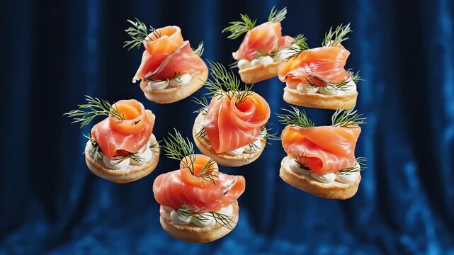 Seamless loop of multiple smoked salmon canapes spiraling and rotating dynamically in zero gravity against a deep rich blue culinary backdrop modern design, future food, luxury