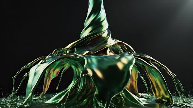 Seamless loop of iridescent green flowing liquid shaping a stylized abstract conical tree structure in mesmerizing slow motion on a dark background magic, energy, digital