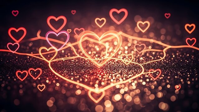 Glowing neon hearts floating in dark space with bokeh lights effect - Powered by Adobe