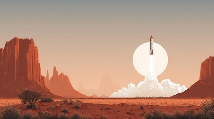 Rocket launches into the sky from a desert landscape surrounded by towering rock formations and a large sun in the background in a distant future setting