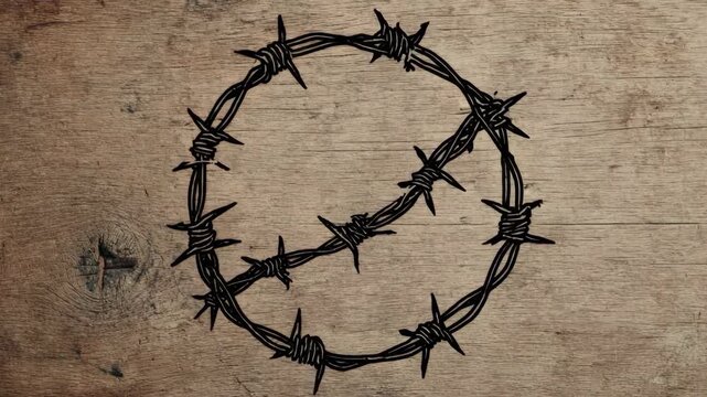 Circular barbed wire with a horizontal strand symbol, hand-drawn style, displayed on rough wooden background, concept of restriction and warning