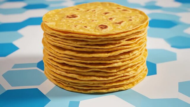 Seamless loop of perfectly stacked corn tortillas rotating slowly on a stylized graphic surface creating a repeating texture pattern artisticdesign, graphic, minimalist