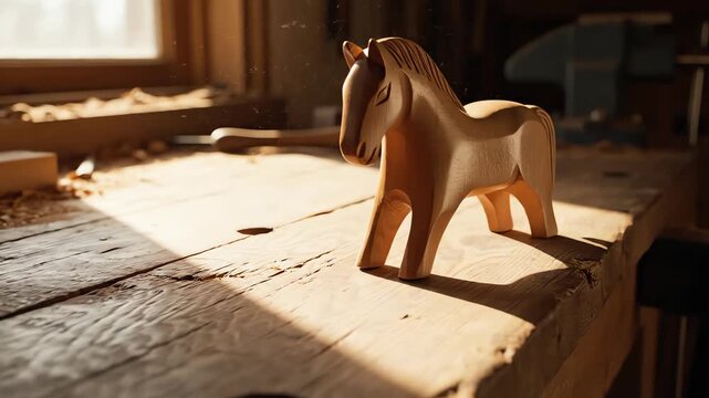 Seamless loop of natural light and shifting shadows dynamically moving across the smooth polished surface of the wooden toy horse and the rustic workbench grain shifting, wooden, design