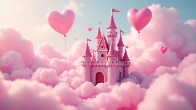 Video Clouds and pink balloons surround a medieval-style castle, offering a whimsical scene for various uses