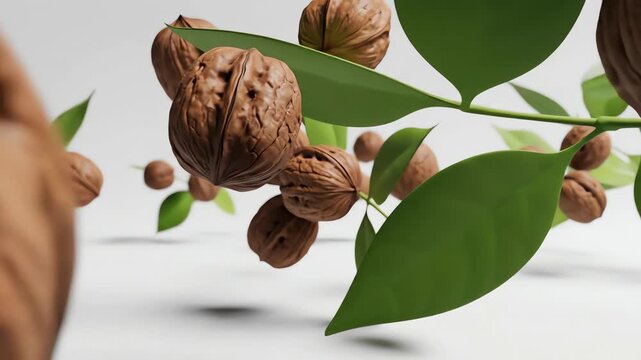 Seamless loop of shelled walnuts and flowing abstract green leaf shapes rotating and drifting gently in an infinite white void background commercial use, growth, background