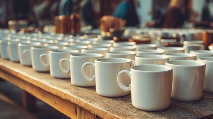 Long row of white cups arranged on wooden table in a market setting during daytime with people interacting and browsing