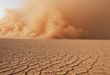 Dramatic Landscape of Cracked Earth with Huge Approaching Dust Storm