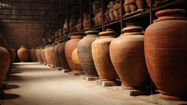 Clay pots are lined up on shelves in a storage room at an ancient site in a historical town during daylight hours