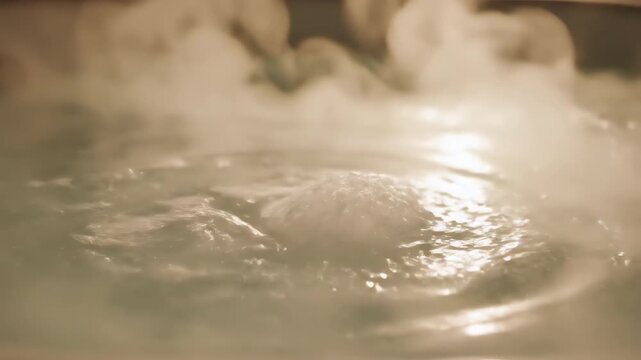 Seamless loop of hot, slightly cloudy bath water gently swirling with visible dissolved mineral particles and continuous steam rising from the surface soothing, calm, texture