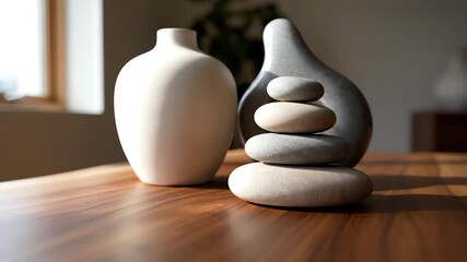 Seamless looping 360-degree orbit shot circling a meticulously arranged collection of neutral tone minimalist decorative objects on a dark wooden surface in a tranquil room tranquil, luxury, clean