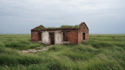 Obraz premium Old brick building with grass on the roof stands alone in a wide green field under a cloudy sky