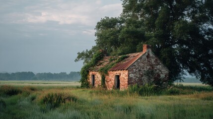 Obraz premium House with overgrown plants in a field during early morning light near a tree