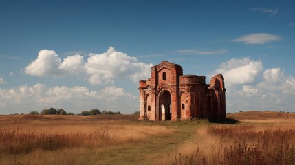 Ruined red brick structure stands in open field under blue sky with white clouds during daytime hours near trees in distance