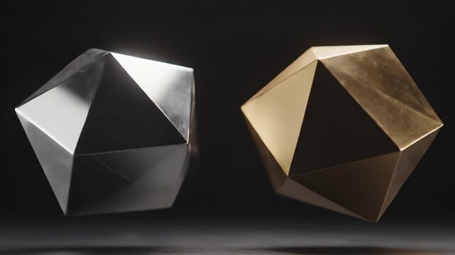 Seamless loop of two polished geometric twin prisms, one matte gold and the other reflective silver, rotating in opposite directions on a dark background technology, opposition, concept
