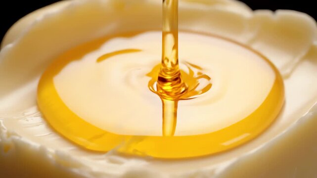 Seamless loop of rich, liquid gold oil slowly dripping and merging onto the pristine, firm surface of raw, unprocessed shea butter showcasing purity skincare, viscosity, gold