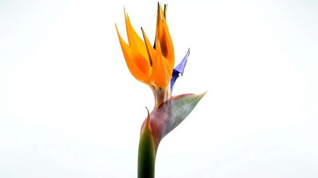 Seamless looping 360-degree rotation of a perfect Bird of Paradise tropical bloom isolated cleanly on a smooth white background for easy compositing cycle, tropical bloom, flower