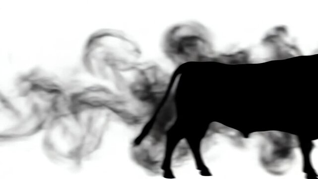 Seamless looping abstract animation of a powerful black bull silhouette dissolving into motion blur on a completely blank white digital surface progress, abstract, white