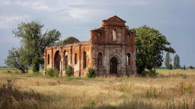 Ruined building stands alone on open land near trees during afternoon light