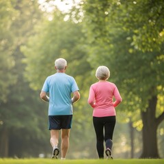 Active Seniors Jogging: An elderly couple jogs together on a serene, sun-dappled path, their dedication to fitness and love for nature shining through every stride. 
