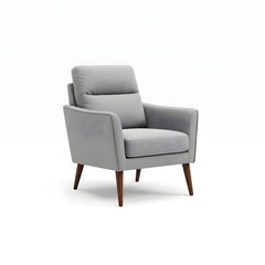 Sleek Armchair: A modern, minimalist gray armchair, the epitome of comfort and sophistication, stands on slender wooden legs, designed for elegant living.
