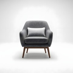 Modern Comfort: A sleek, gray armchair, adorned with a white pillow, stands invitingly, showcasing minimalist design and cozy comfort.