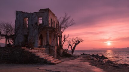 Ruined building by the sea during sunset with cloudy sky and trees in the foreground and mountains in the distance