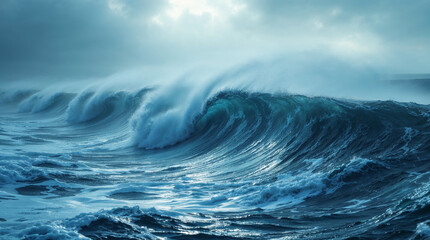 Majestic sea water waves surface with amazing sunlight reflections and flares