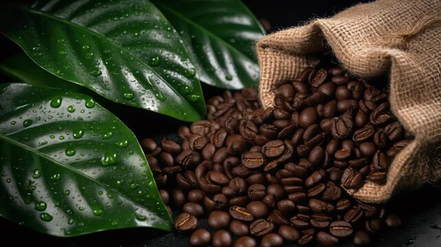 Close-up of dark roasted coffee beans spilling from burlap sack next to wet vibrant green coffee leaves, concept for cafe menu design, beverage promotion and organic product packaging