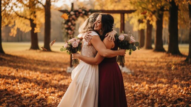 Two brides walking together at autumn wedding