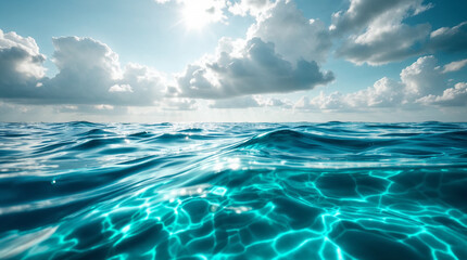 Majestic sea water waves surface with amazing sunlight reflections and flares