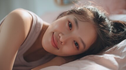 Fototapeta premium 穏やかな表情で横たわる女性のポートレート。リラックスや美容関連のイメージに最適な素材。