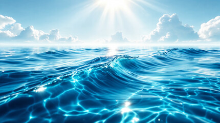 Majestic sea water waves surface with amazing sunlight reflections and flares