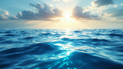 Majestic sea water waves surface with amazing sunlight reflections and flares