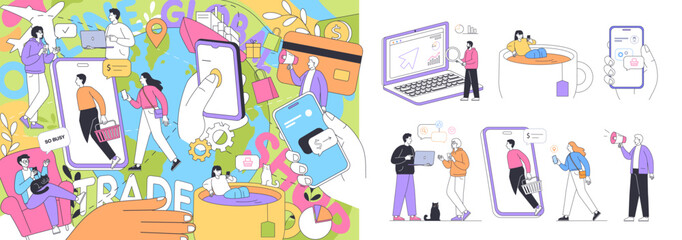 Modern characters design people's lifestyles with technology, global marketing, online remote work, and shopping graffiti line art style.