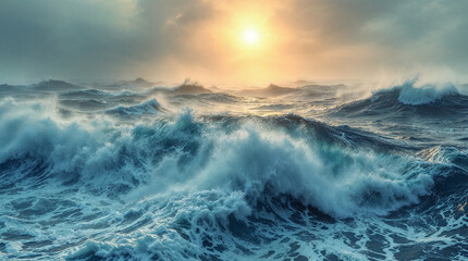 Majestic sea water waves surface with amazing sunlight reflections and flares