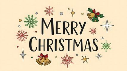 Fototapeta premium Merry Christmas Festive Typography Set with Snowflakes, Holly, and Jingle Bells Illustrations