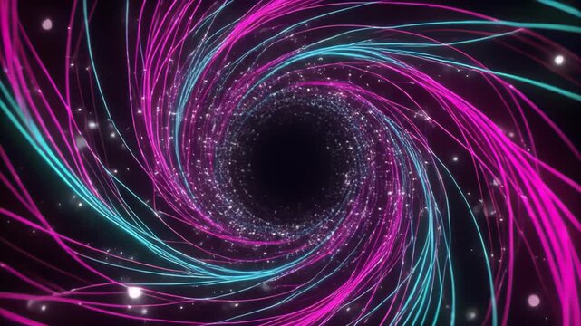Abstract digital light tunnel with swirling pink and cyan neon lines and particles, concept for technology background, virtual reality interface and futuristic data stream