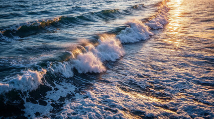 Majestic sea water waves surface with amazing sunlight reflections and flares