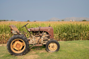 Obraz premium Old and rusty tractor on a corn field landscape