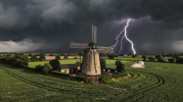 Dramatic Landscape Showing Lightning Storm, Windmill with Clouds and Intense Rain on Field