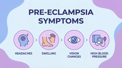 pre eclampsia early detection infographic with pregnant woman with symptoms including high blood pressure swelling edema headaches protein in urine and monitoring for pregnancy complications awareness