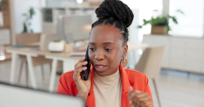 Phone call, talking and computer with business black woman for planning, editor feedback and contact. Virtual advisor, story fact check and communication with person in media agency for project