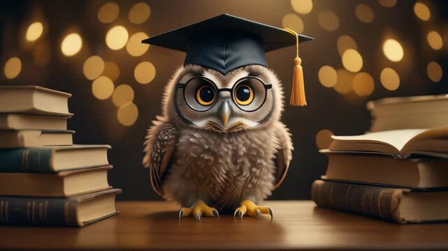 Cute baby owl wearing graduation cap and glasses sits between stacks of books, concept for education materials, academic achievement and learning resources