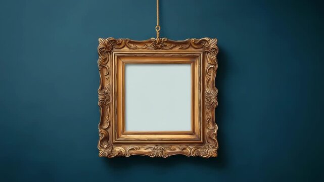 Intricately carved golden picture frame with empty center hanging on a rich blue wall, showcasing vintage interior decor concept